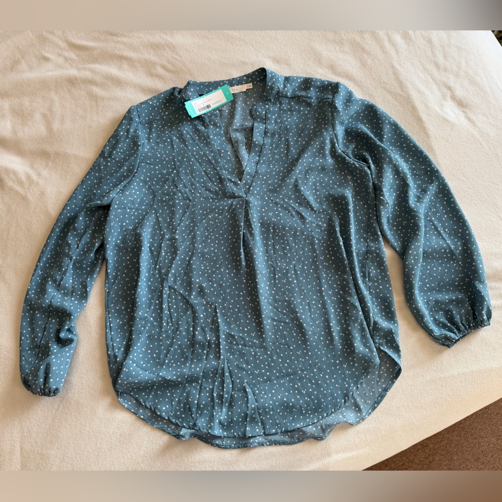 NWT Lush Dusty Blue Polka Dot Long Sleeve Blouse